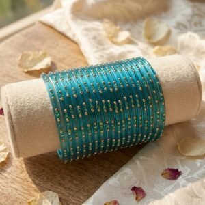 Teal Blue Dotted Glass Bangles